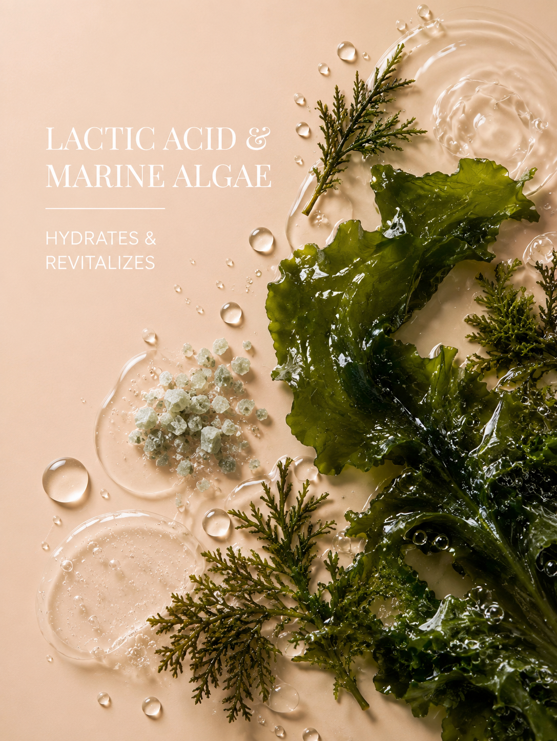 Marine algae with droplets on a beige background, labeled 'Lactic Acid & Marine Algae'.
