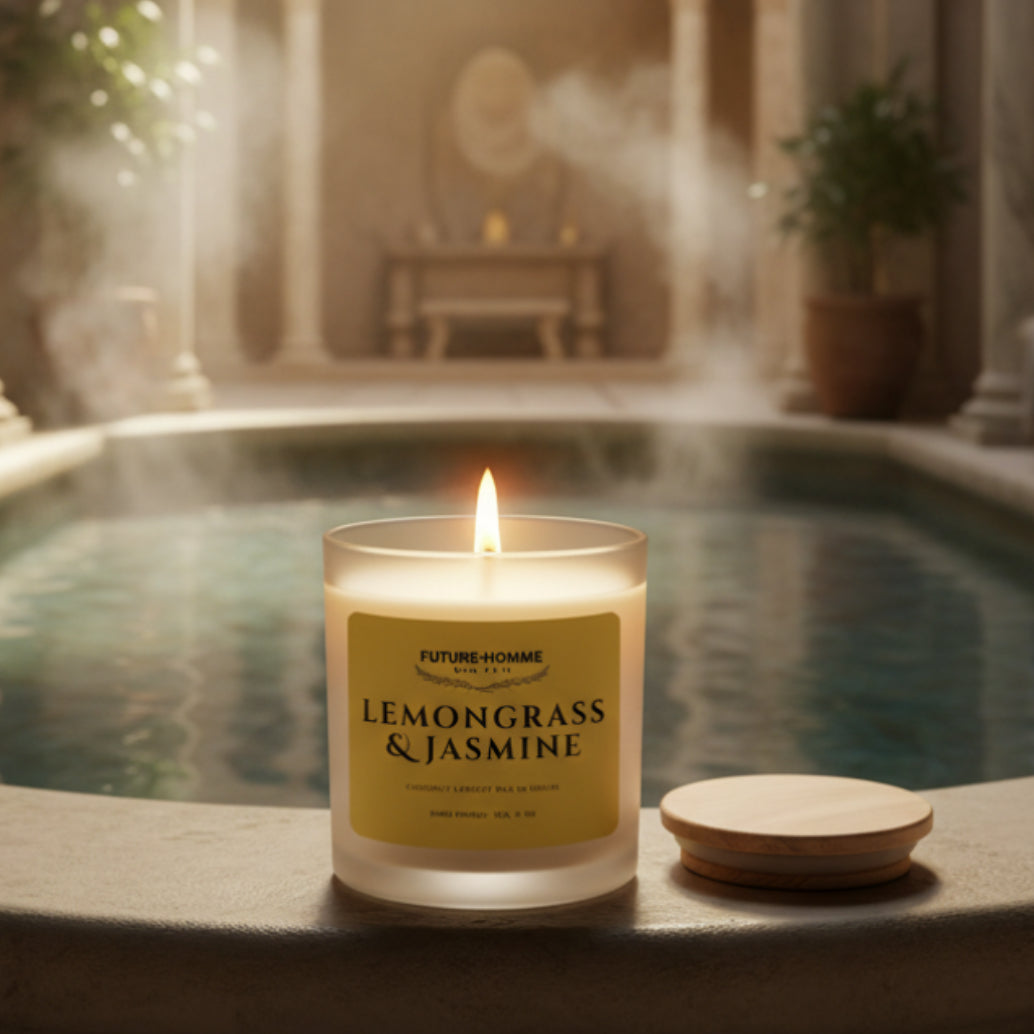 Candle labeled 'Lemongrass & Jasmine' by Future-Homme on a ledge with a pool and plants in the background.