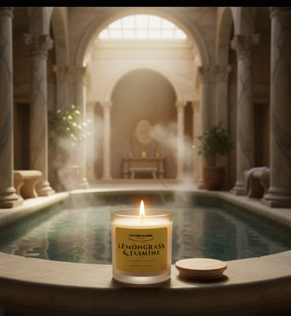 A Future-Homme lemongrass and jasmine lit candle in a Roman bathhouse. 
