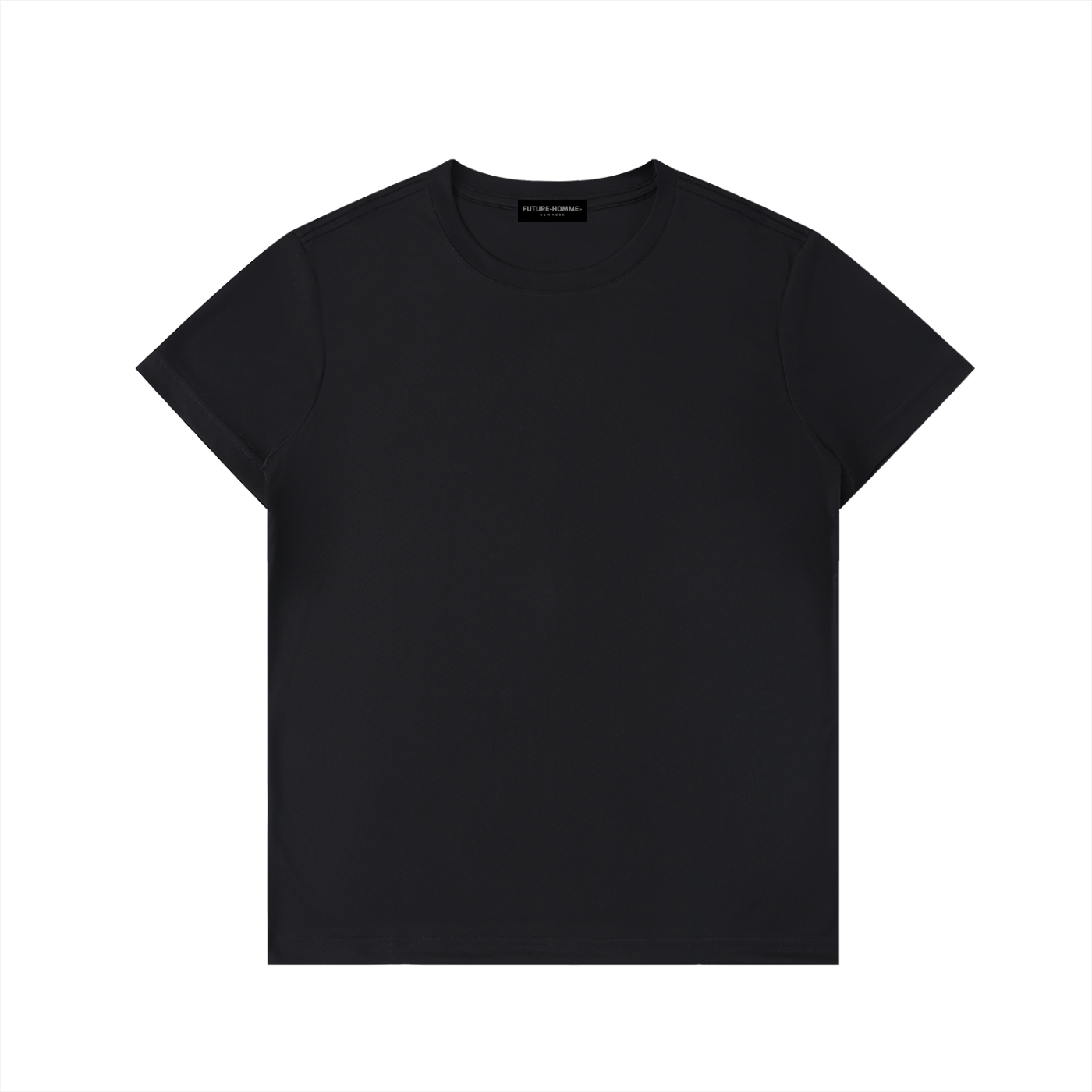 Black t-shirt with a Future-Homme neck label a white background.
