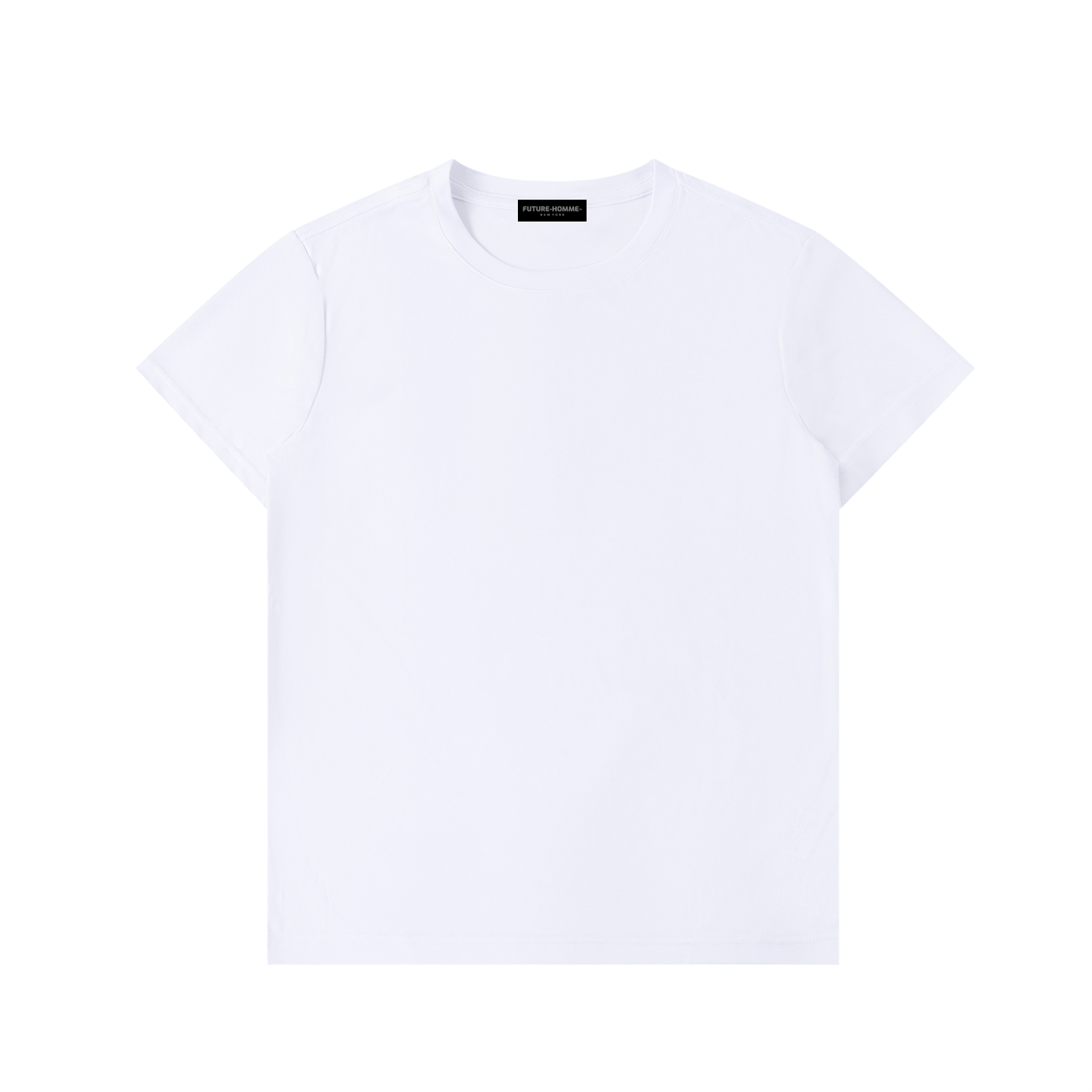 White t-shirt with a brand label on a white background