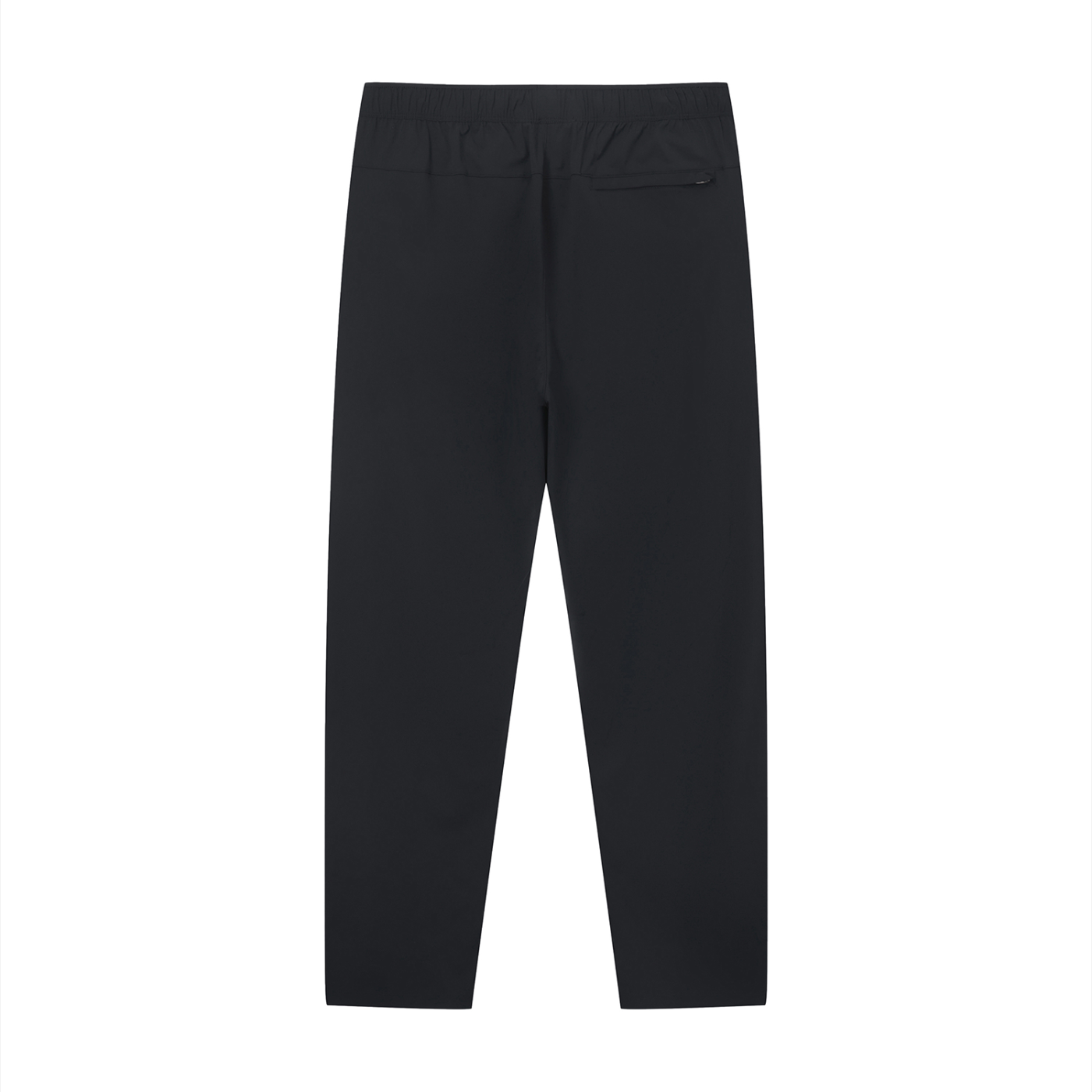 Back of black track pants on a white background. 