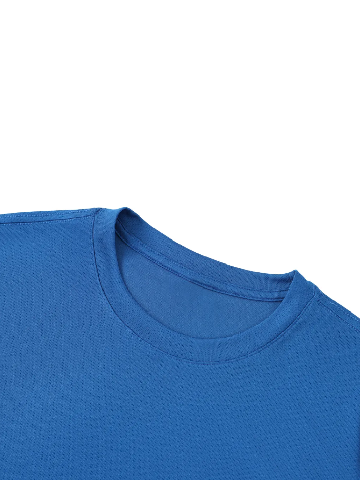 Close-up of the neckline of the blue performance t-shirt on a white background. 