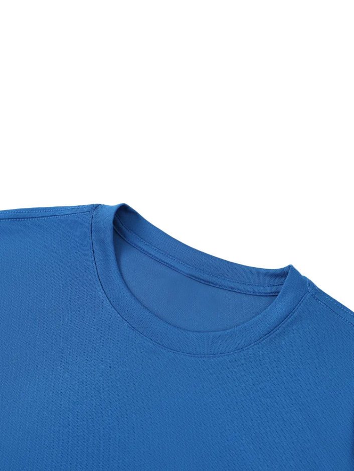Close-up of the neckline of the blue performance t-shirt on a white background. 