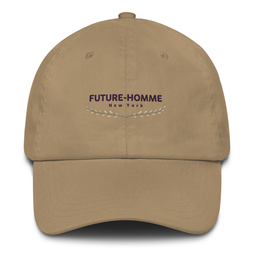 Beige cap with 'Future-Homme New York' logo on a white background