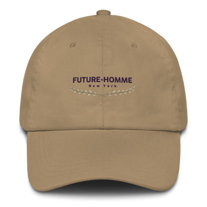 Beige cap with 'Future-Homme New York' logo on a white background