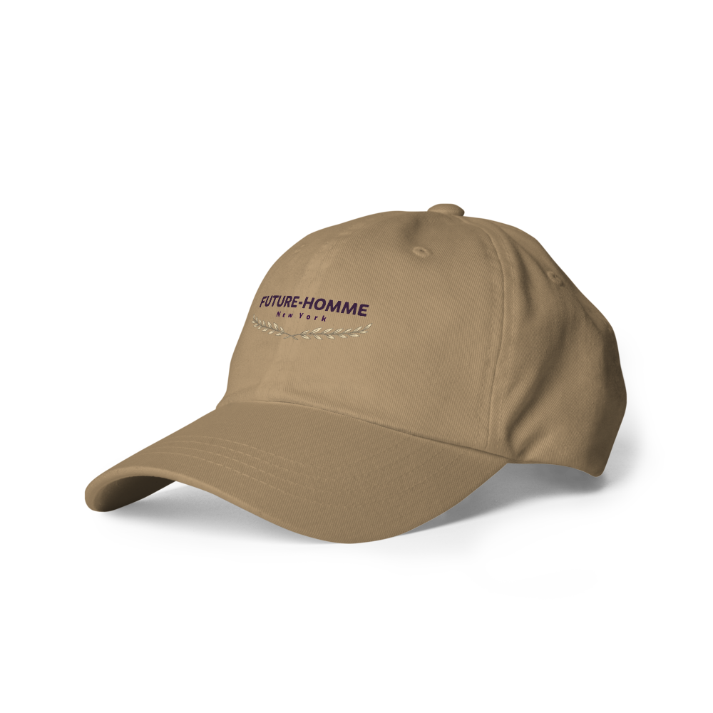 Beige cap with 'FUTURE-HOMME' logo on a white background