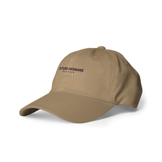 Beige cap with 'FUTURE-HOMME' logo on a white background