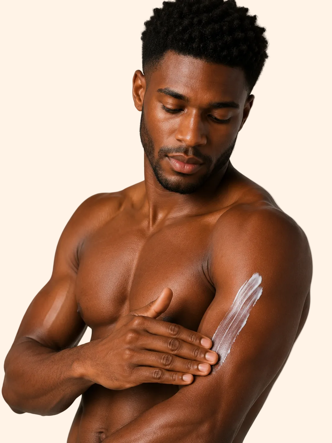 Man applying cream to his arm against a neutral background