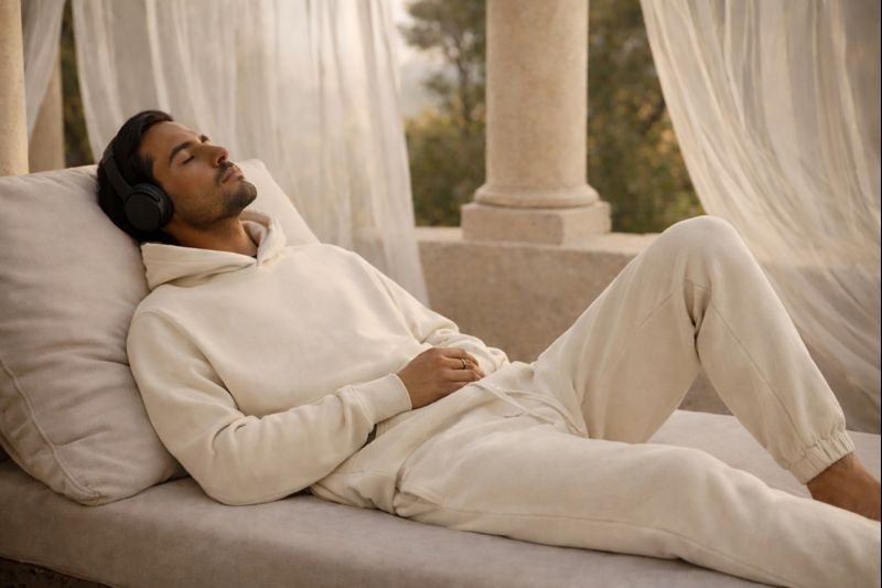 Man wearing headphones and a robe lying on a lounge chair with curtains and columns in the background