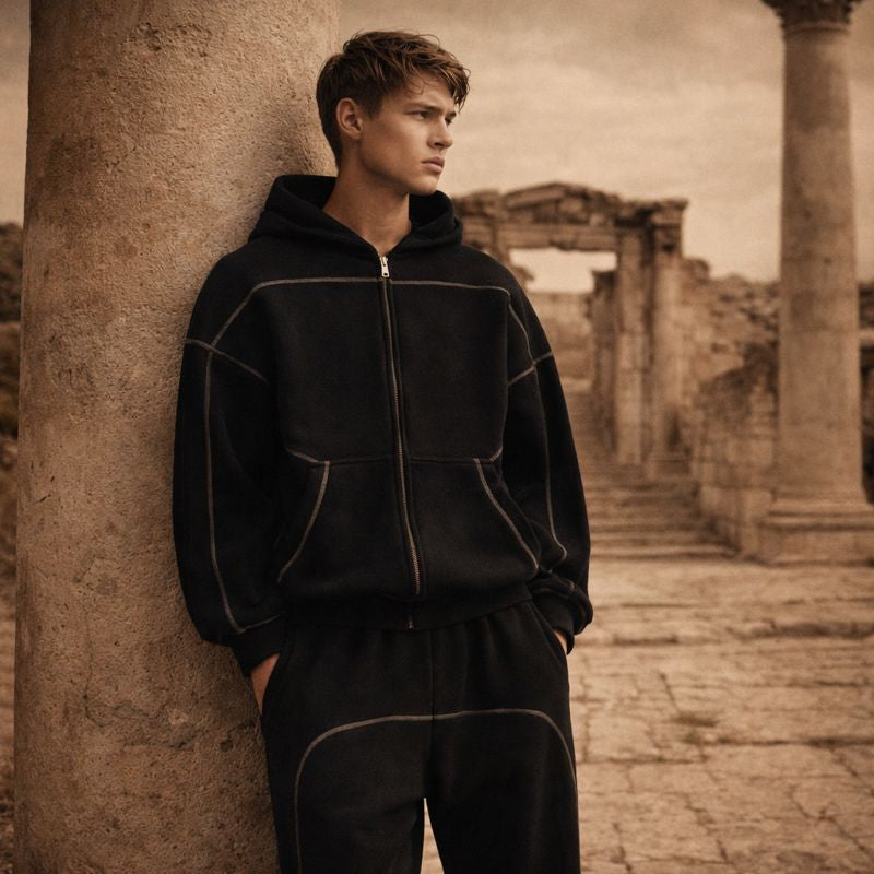 Man wearing a black tracksuit leaning against a stone column in an ancient ruin setting.