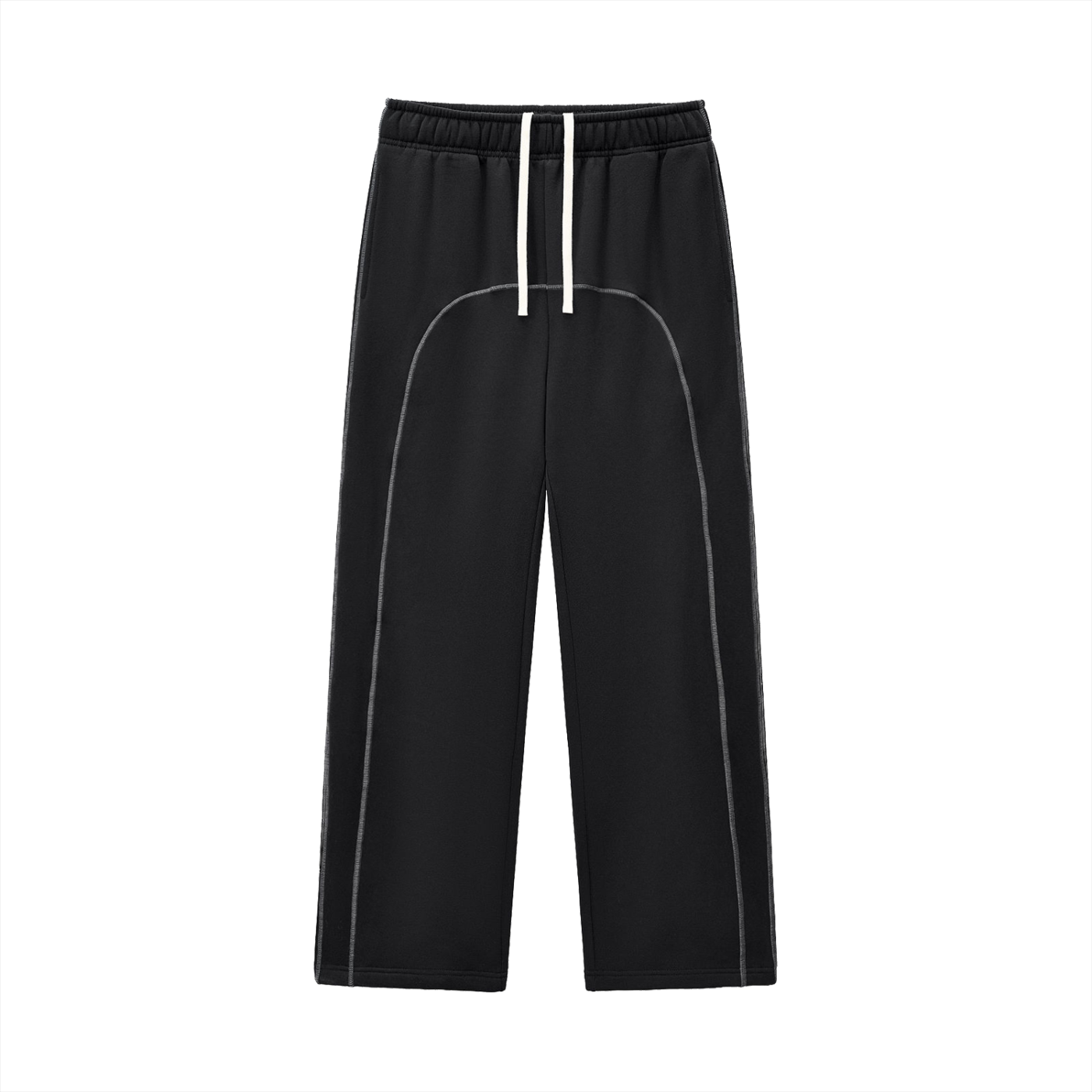 Black pants with white drawstring on a white background