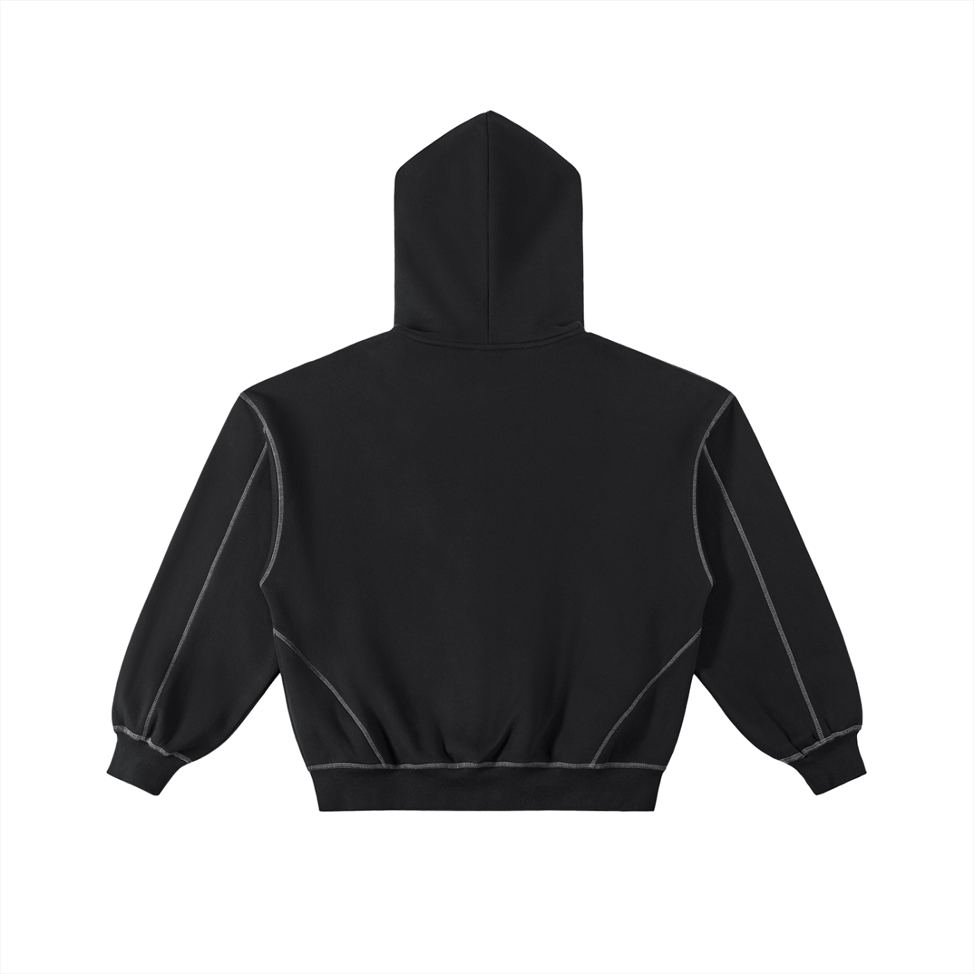 Flat lay of the back of a black hoodie with white stitching on a white background