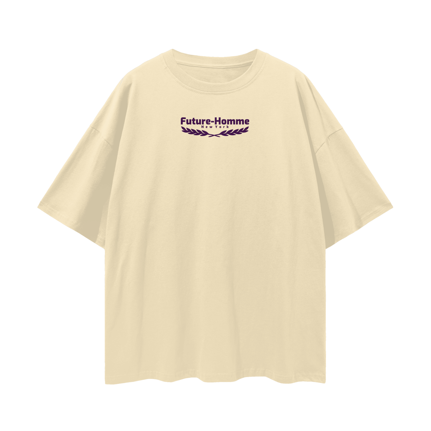 Beige t-shirt with 'Future Homme' logo on a white background