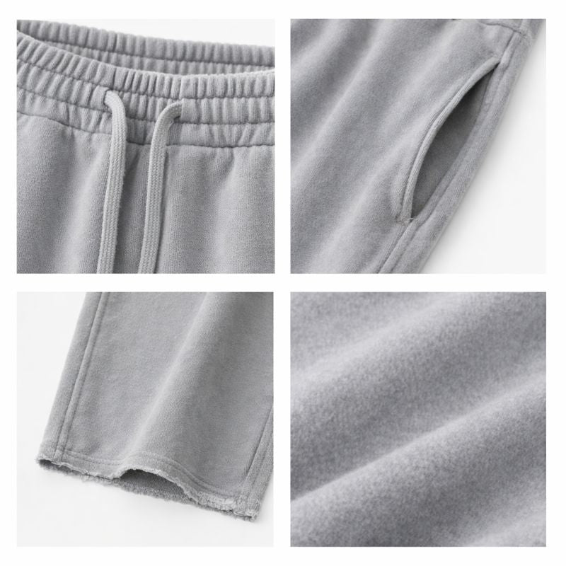 quadrant with close up shots of waistband, pocket, pant leg, and fabric swatch on a white background