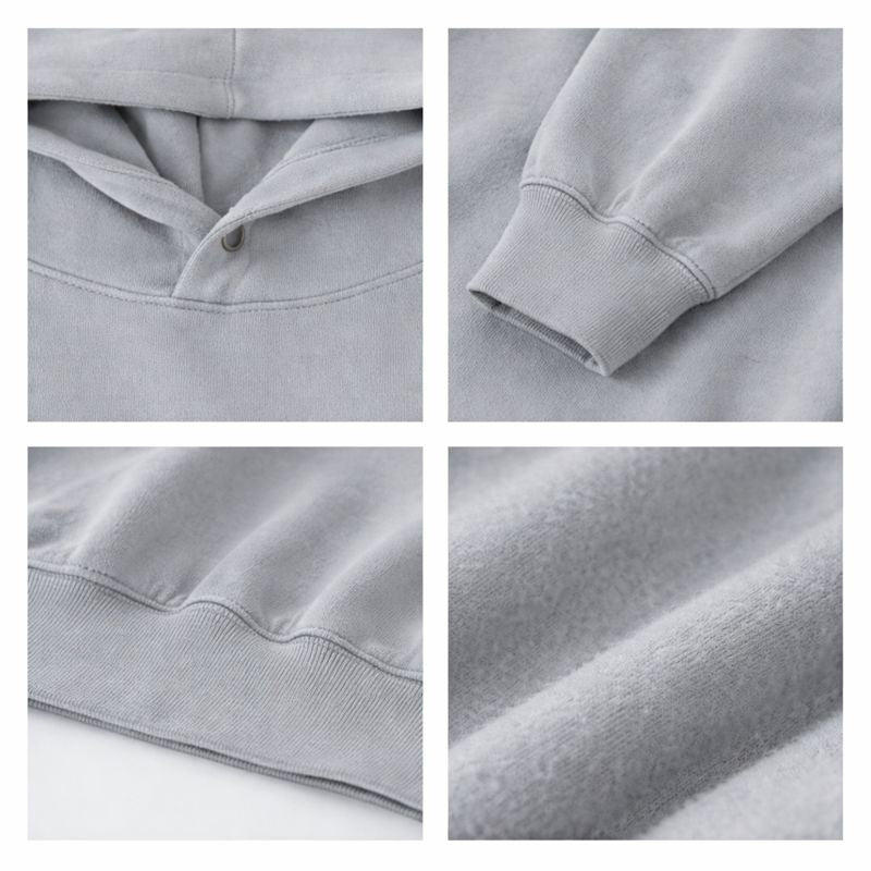 Close up shots of hoodie, sleeve, waistband and fabric swatch. 