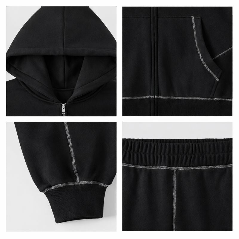 flat lay close ups of the hood, pockets, sleeve, and waistband on a white background