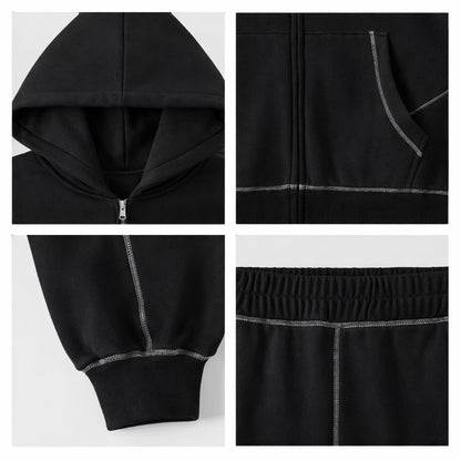 flat lay close ups of the hood, pockets, sleeve, and waistband on a white background