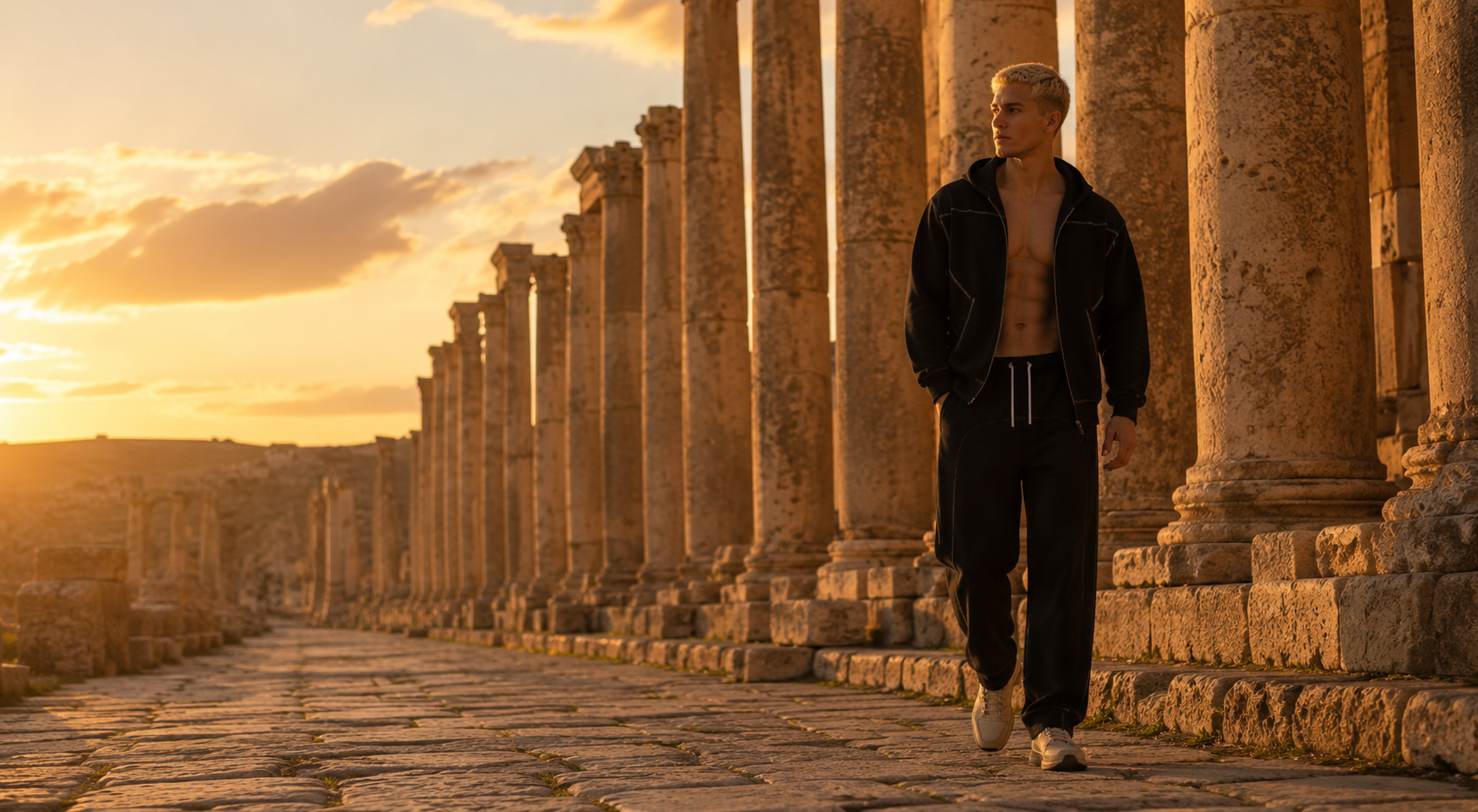 Person standing in front of ancient columns at sunset