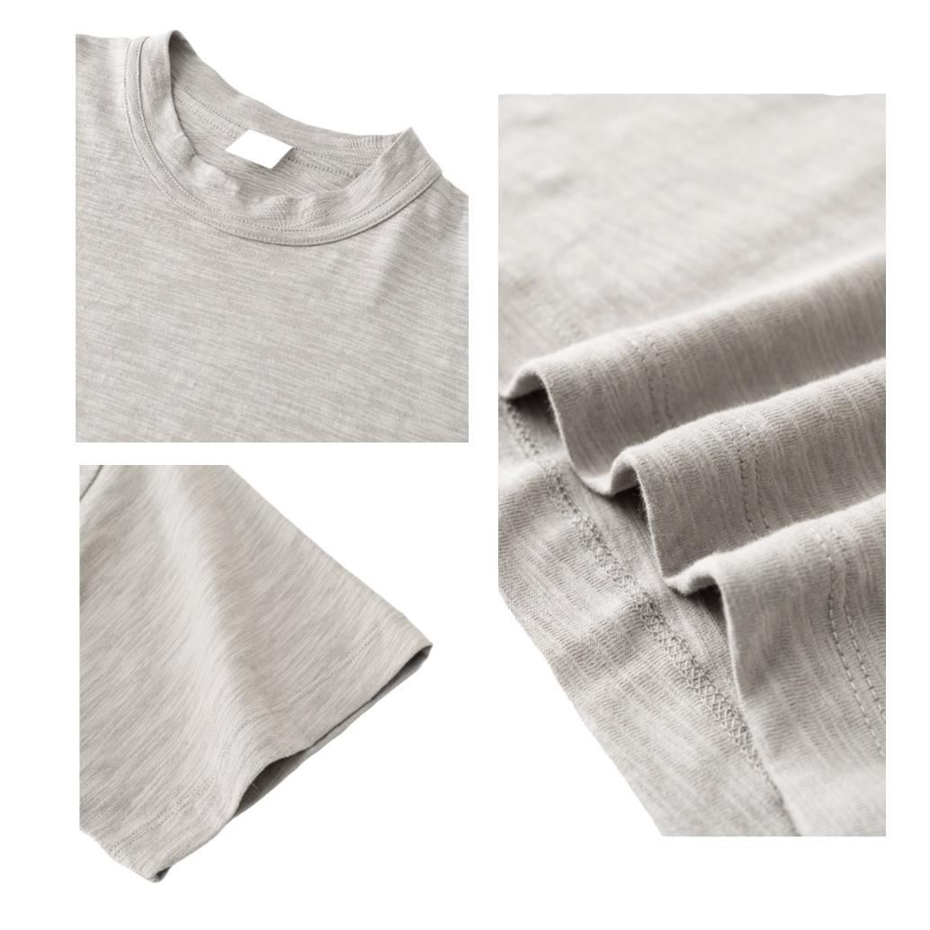 Gray t-shirt with close-up details on a white background