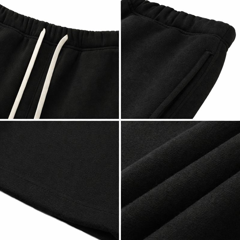 product close up shots of the waistband, side pocket, leg pant, and fabric texture on a quadrant with a white background. 