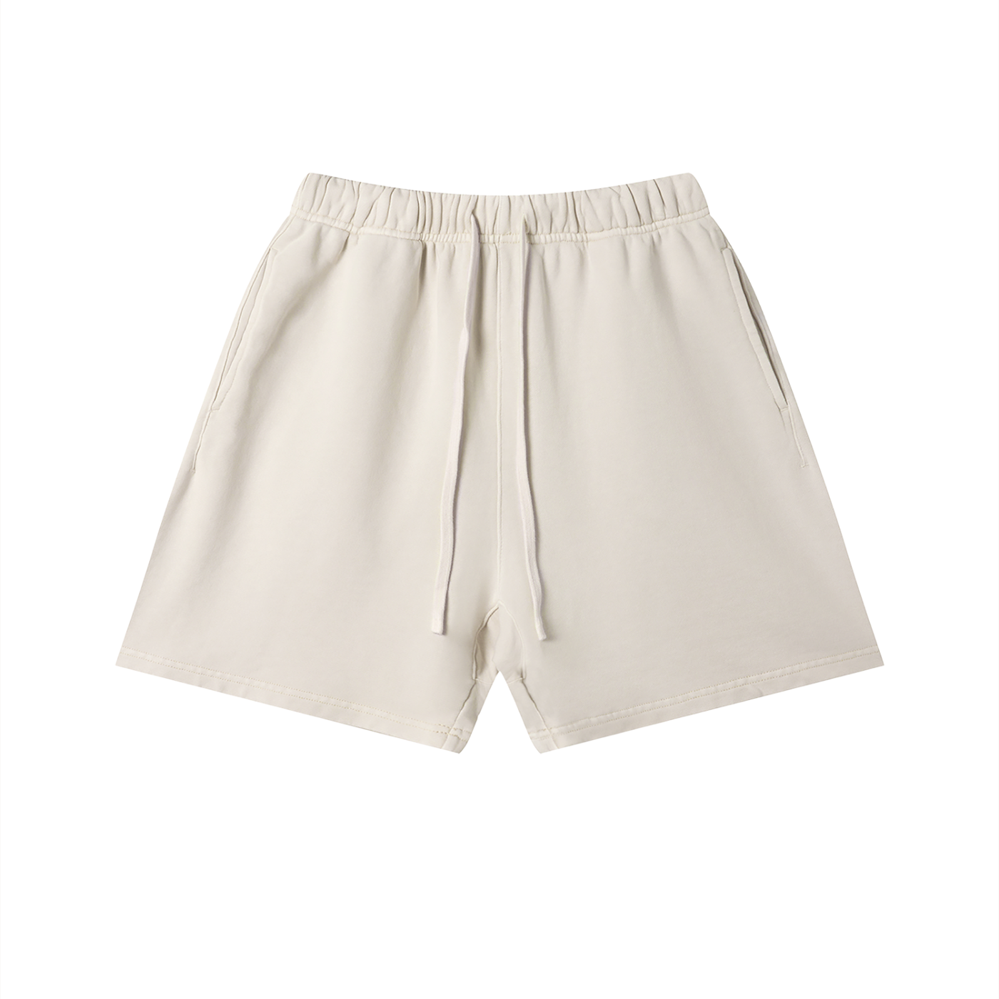 Beige shorts with a brand logo on a white background