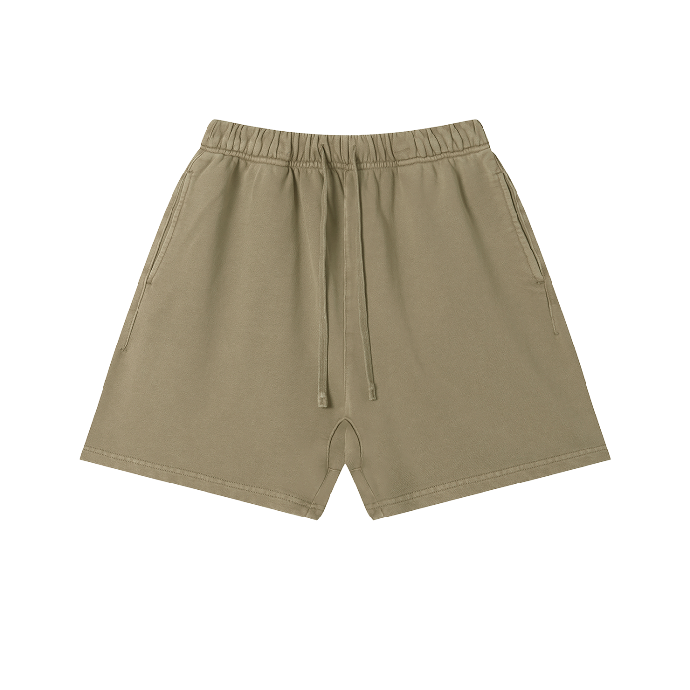 Beige shorts with a brand logo on a white background