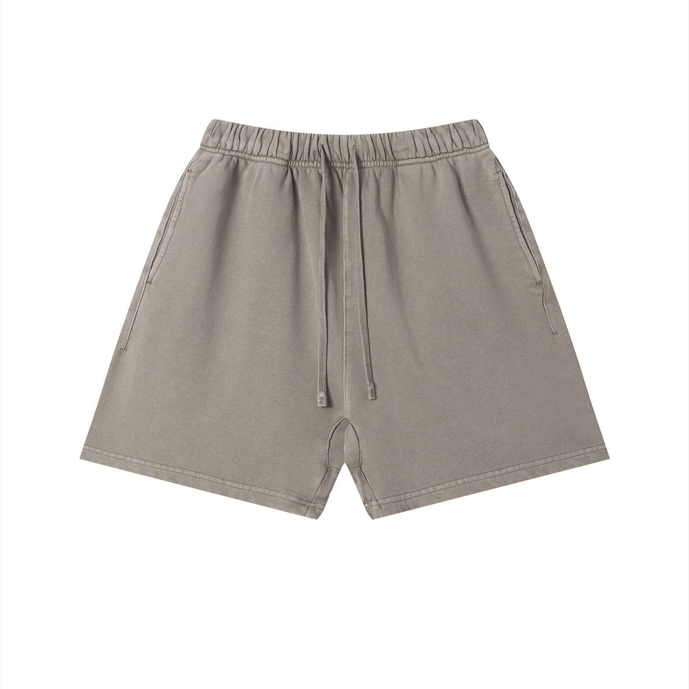 Beige shorts with a brand logo on a white background