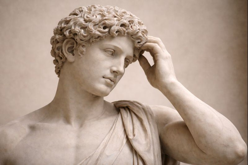 Statue of a classical figure with one hand on the head against a neutral background