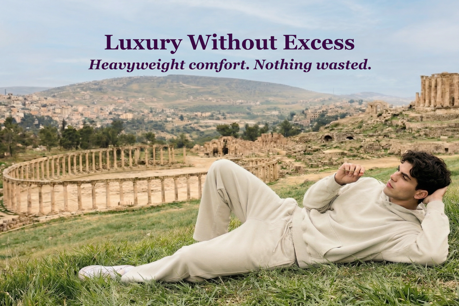 Man lying on grass with ancient ruins in the background, text about luxury and comfort.