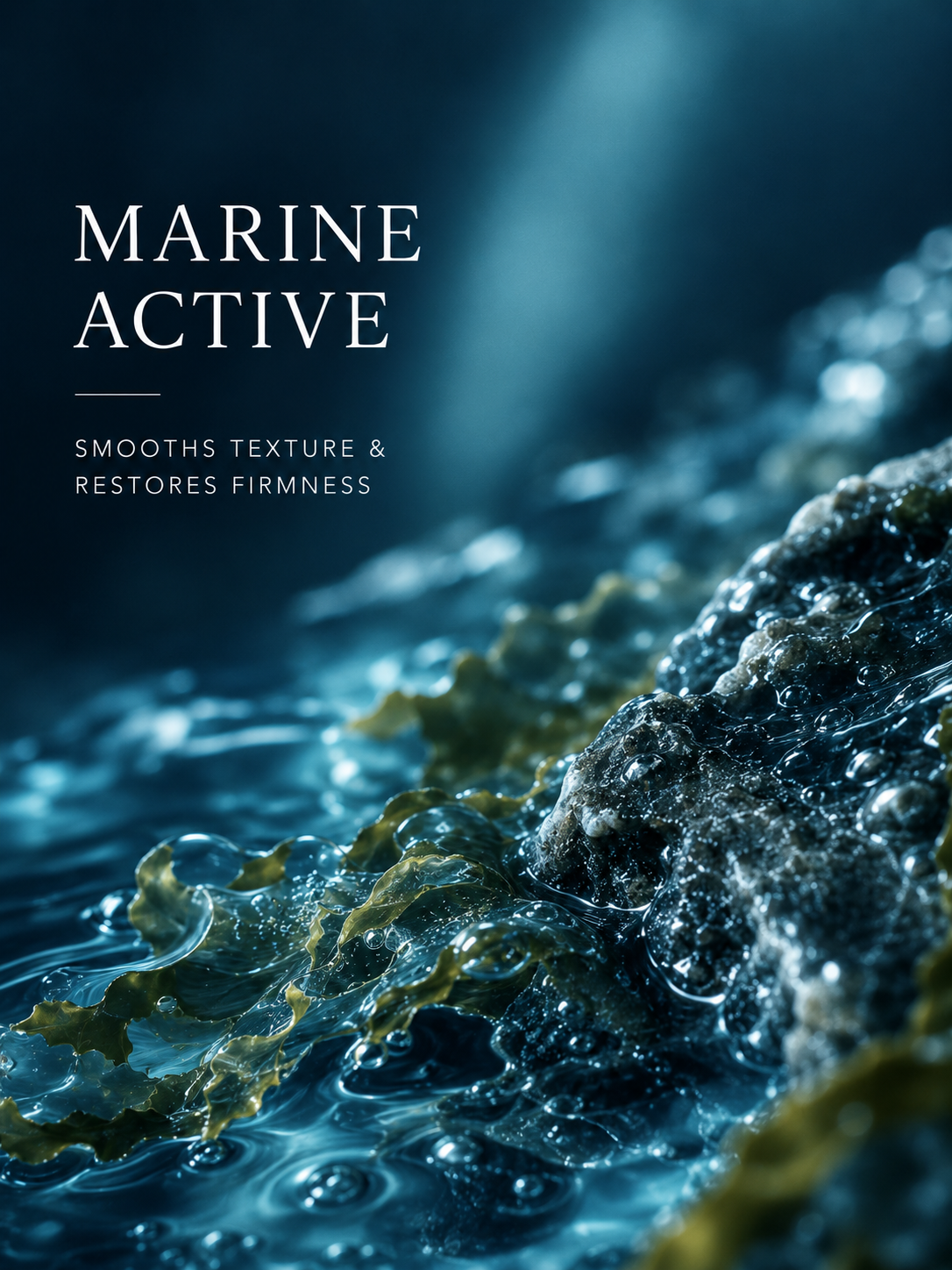 Close-up of marine life with text 'Marine Active' and 'Smooths texture & restores firmness'.