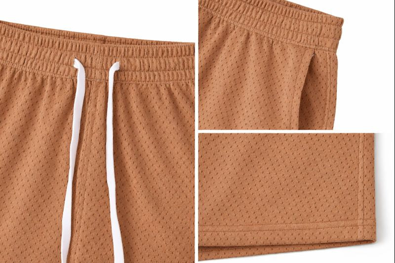 close up shots of drawstring, pockets an leg mesh brown shorts
