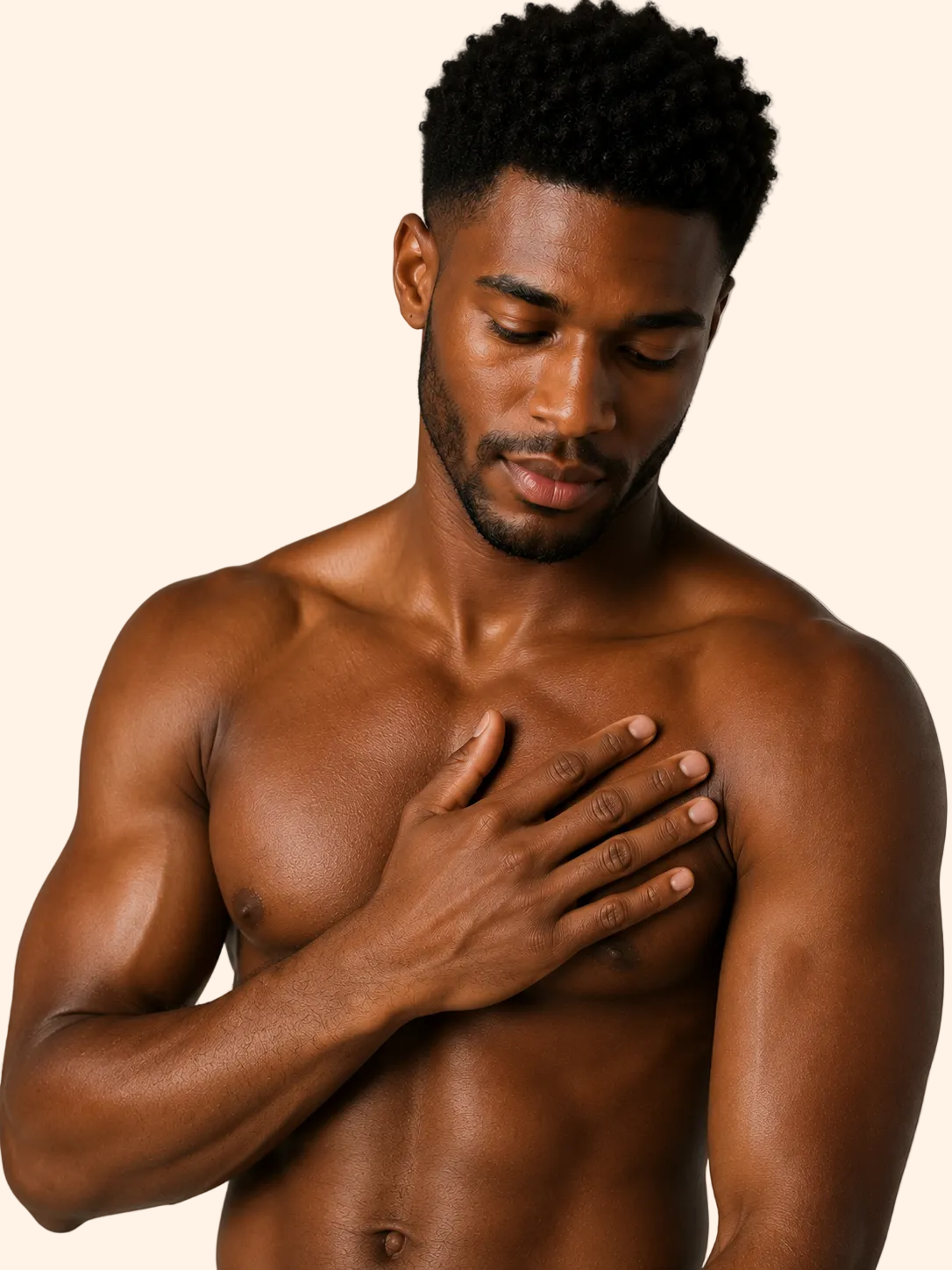 Man with a muscular build touching his chest against a neutral background