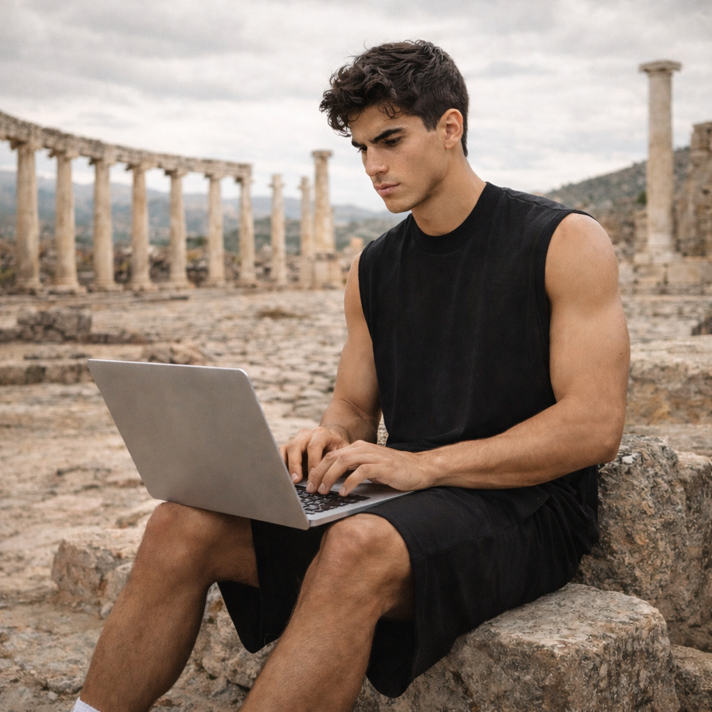 Man using a laptop in ancient ruins