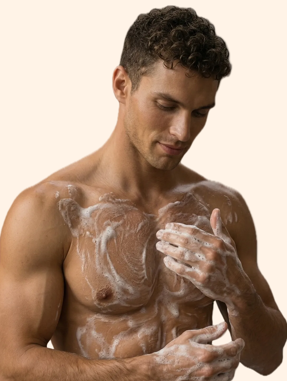 Man applying soap to his chest with a white background