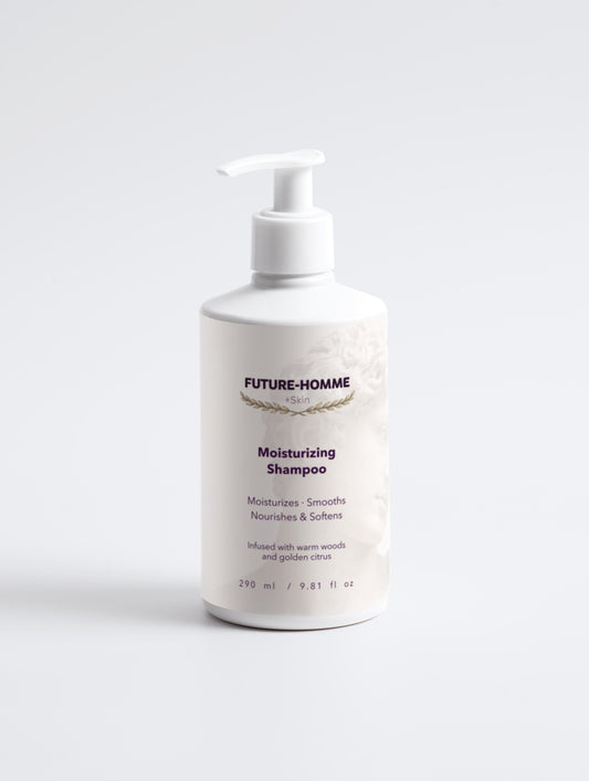 Bottle of Future-Homme moisturizing shampoo on a white background