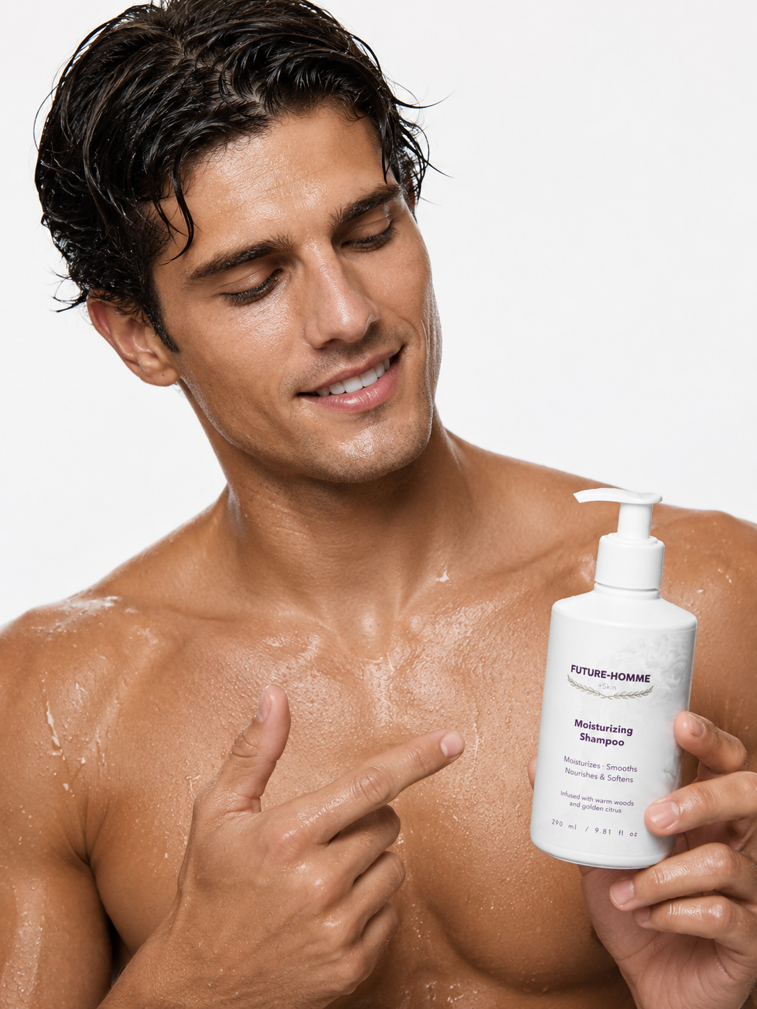 Man with wet hair holding a bottle of shampoo against a white background