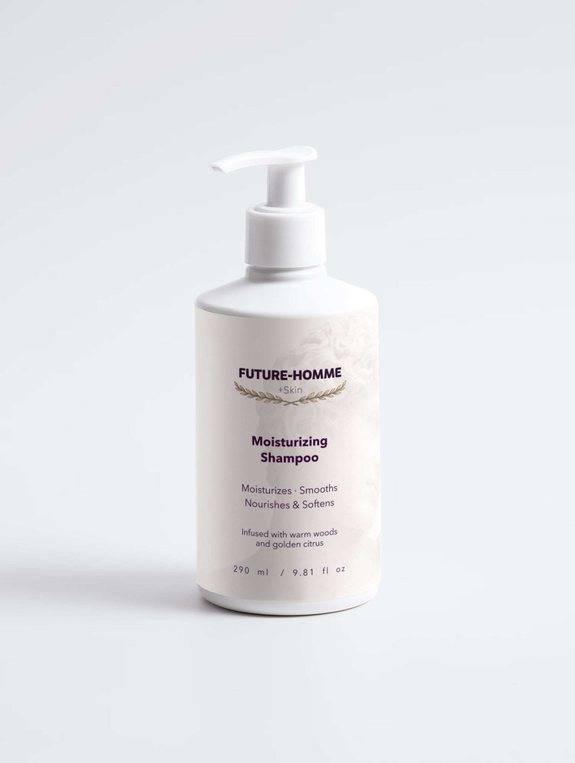 Bottle of Future-Homme moisturizing shampoo on a white background