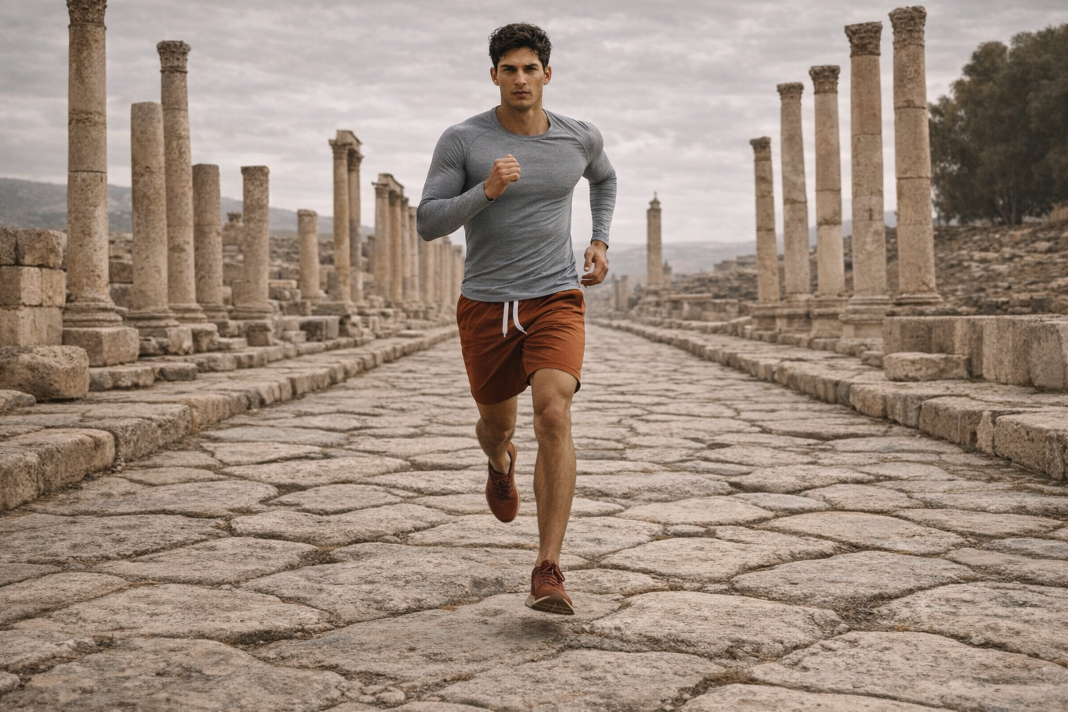 Man running on a stone path with ancient columns in the background