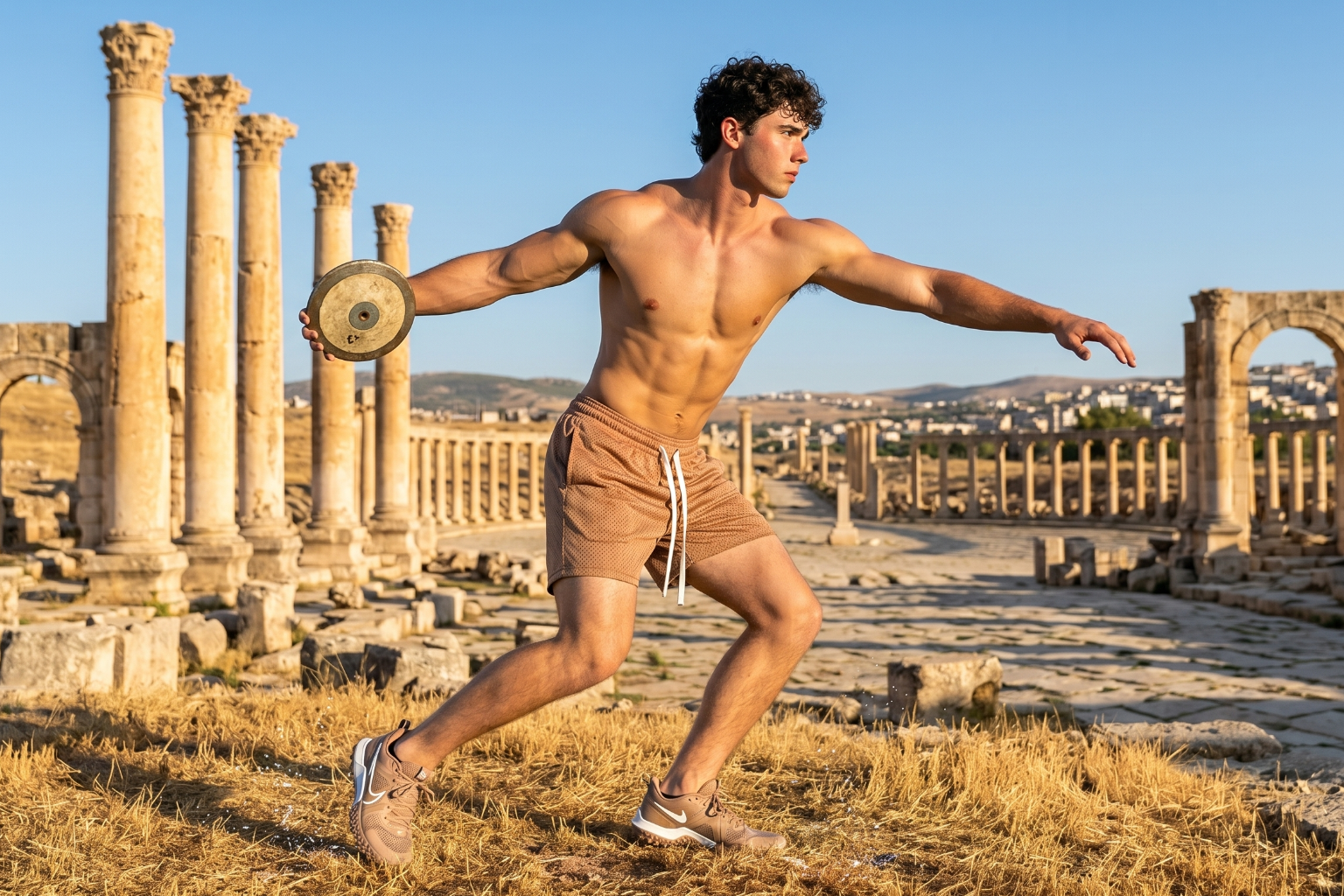 Man exercising with a weight in ancient ruins