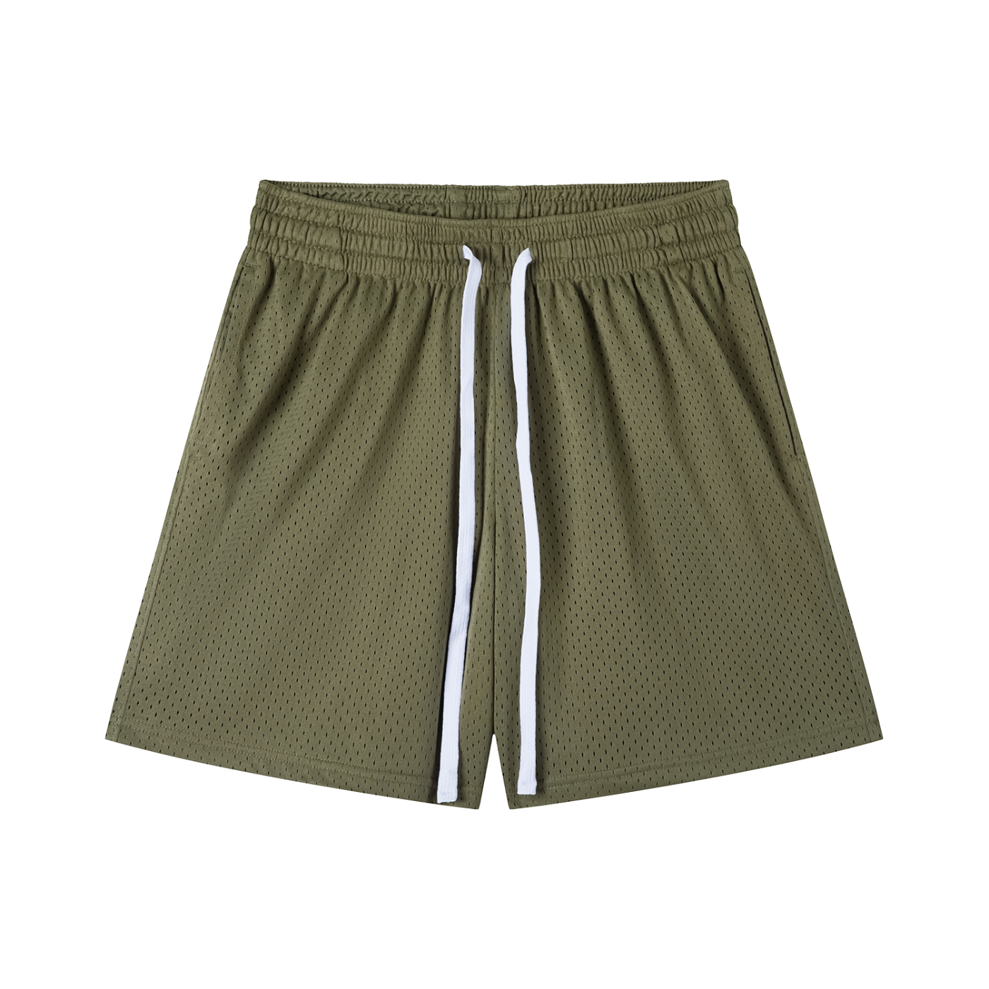 Green shorts with white drawstring on a white background