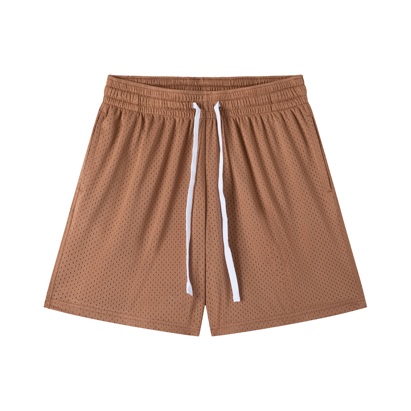 Brown shorts with a white drawstring on a white background