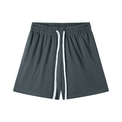 Dark gray shorts with a white stripe on a white background