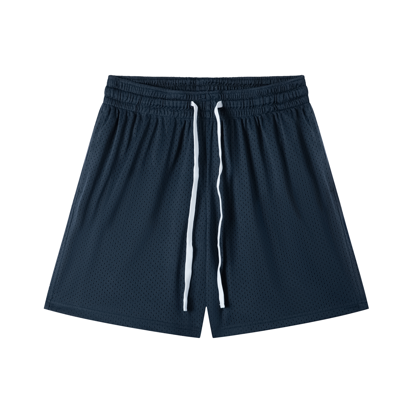 Navy blue shorts with white drawstring on a white background