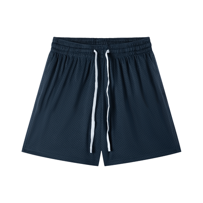 Navy blue shorts with white drawstring on a white background