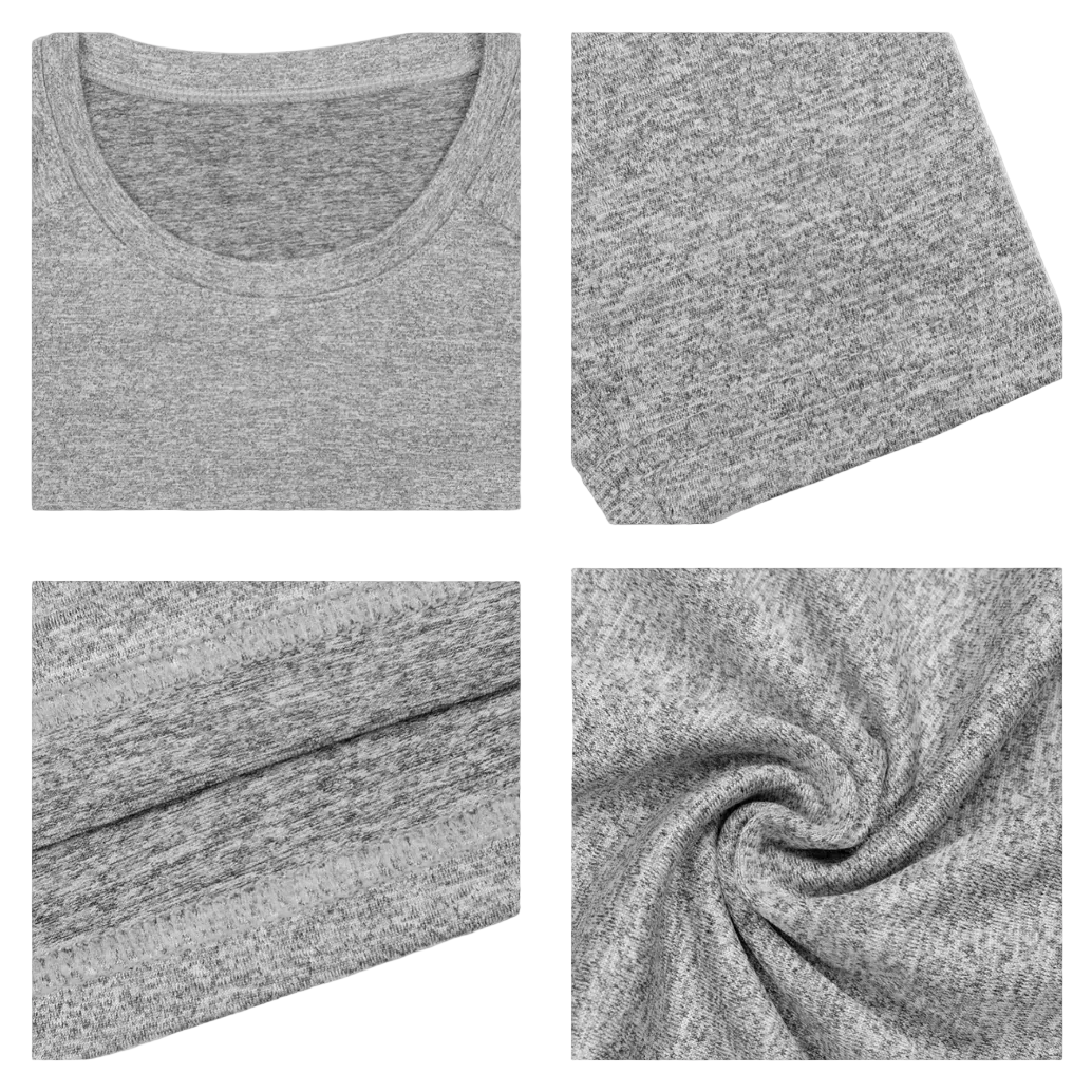 Gray t-shirt fabric shown in different views on a white background