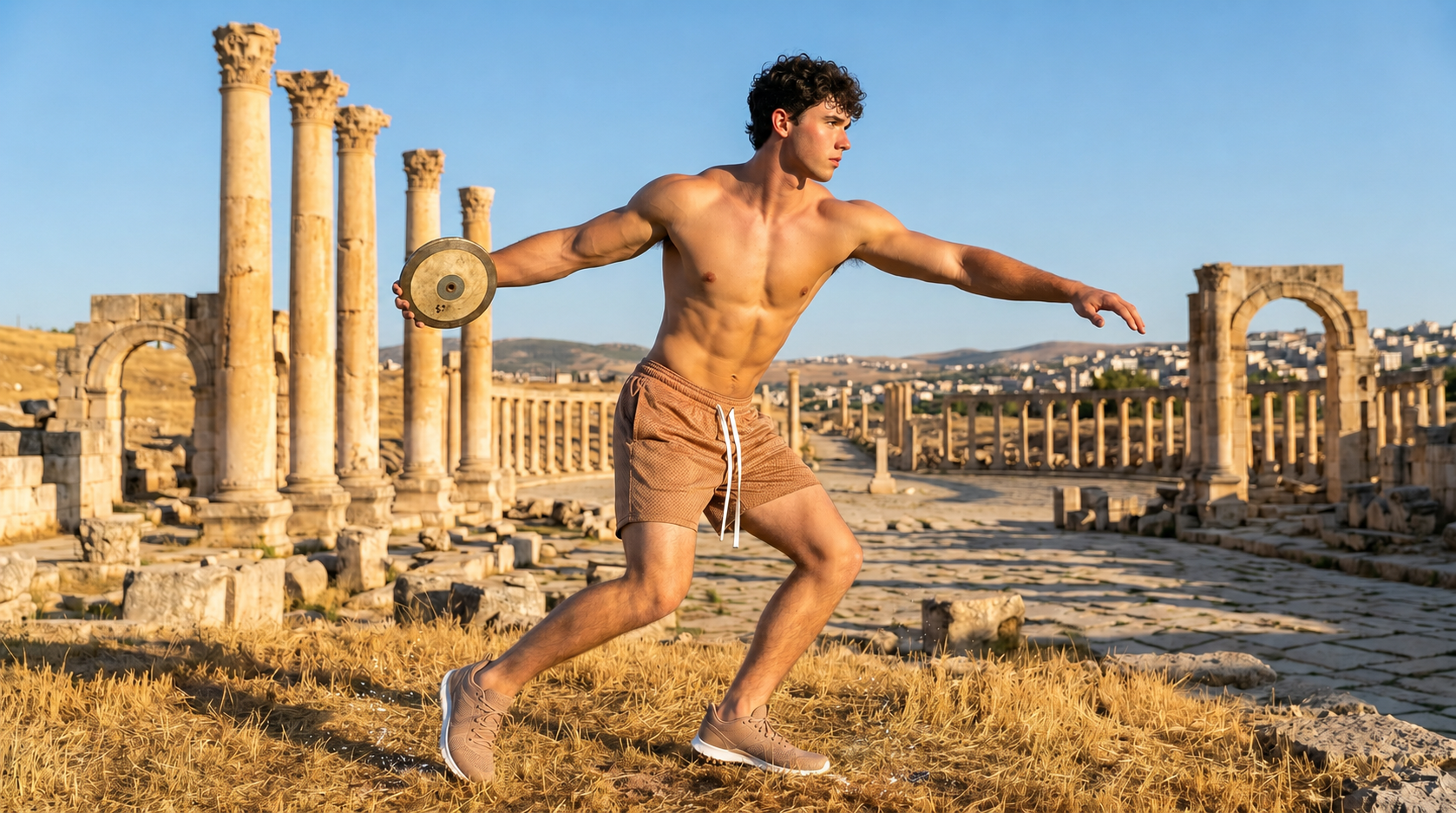 A shirtless man in tan athletic shorts and gray sneakers throws a discus in an outdoor ancient ruins setting with stone columns and dry grass under a blue sky.
