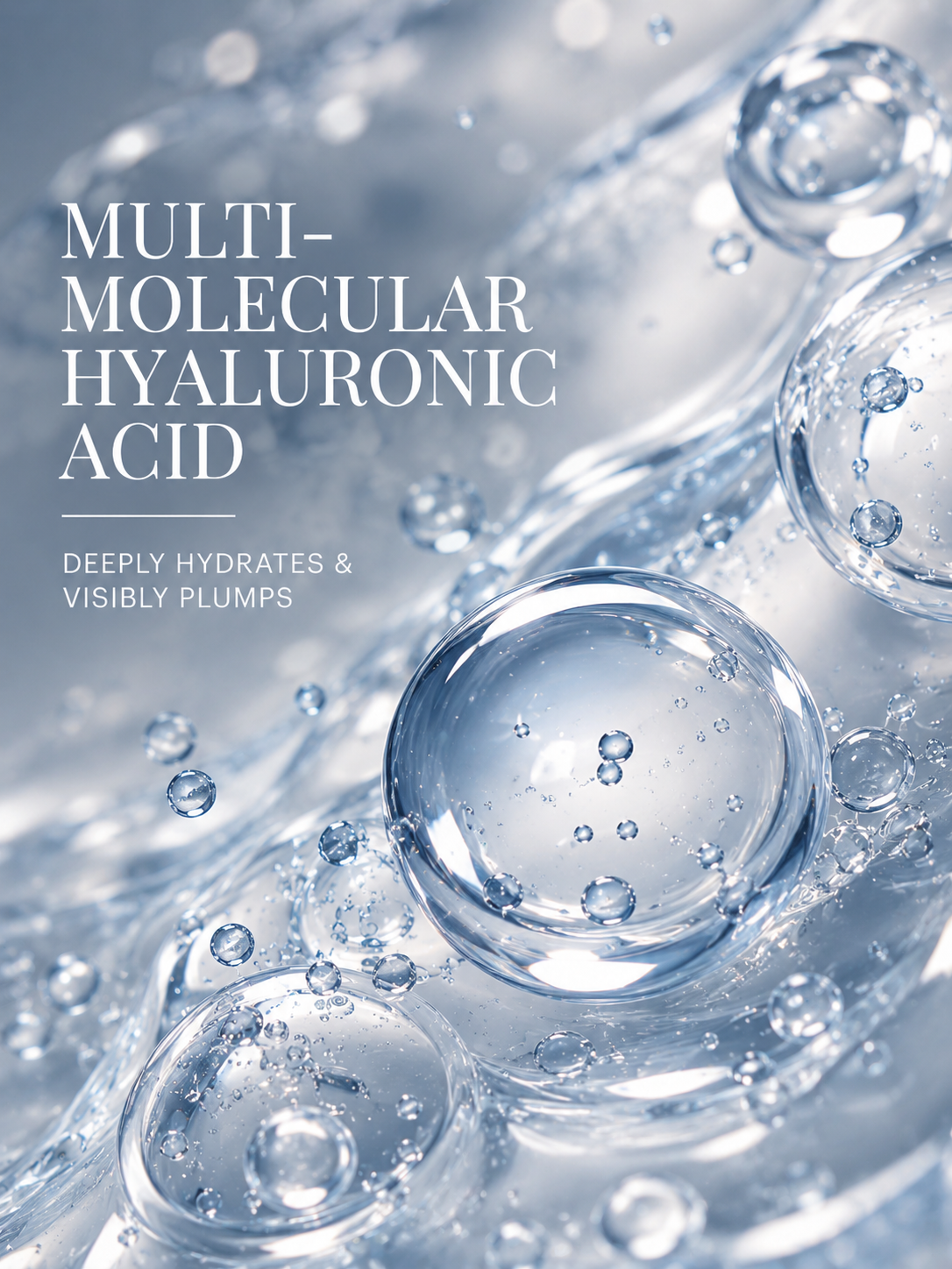 Bubbles of clear liquid with text about multi-molecular hyaluronic acid on a light gray background