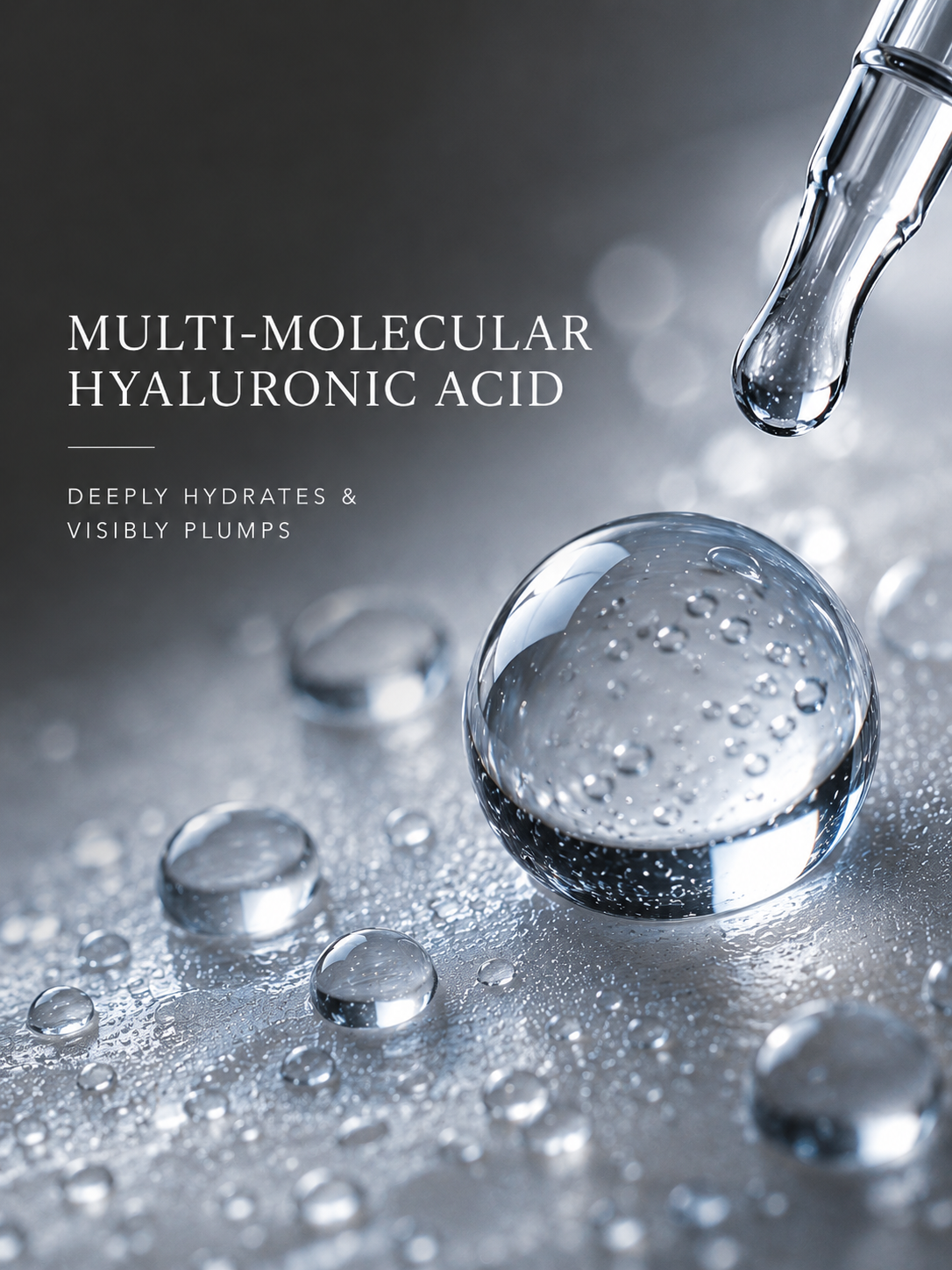 Hyaluronic acid droplet with text on a gray background
