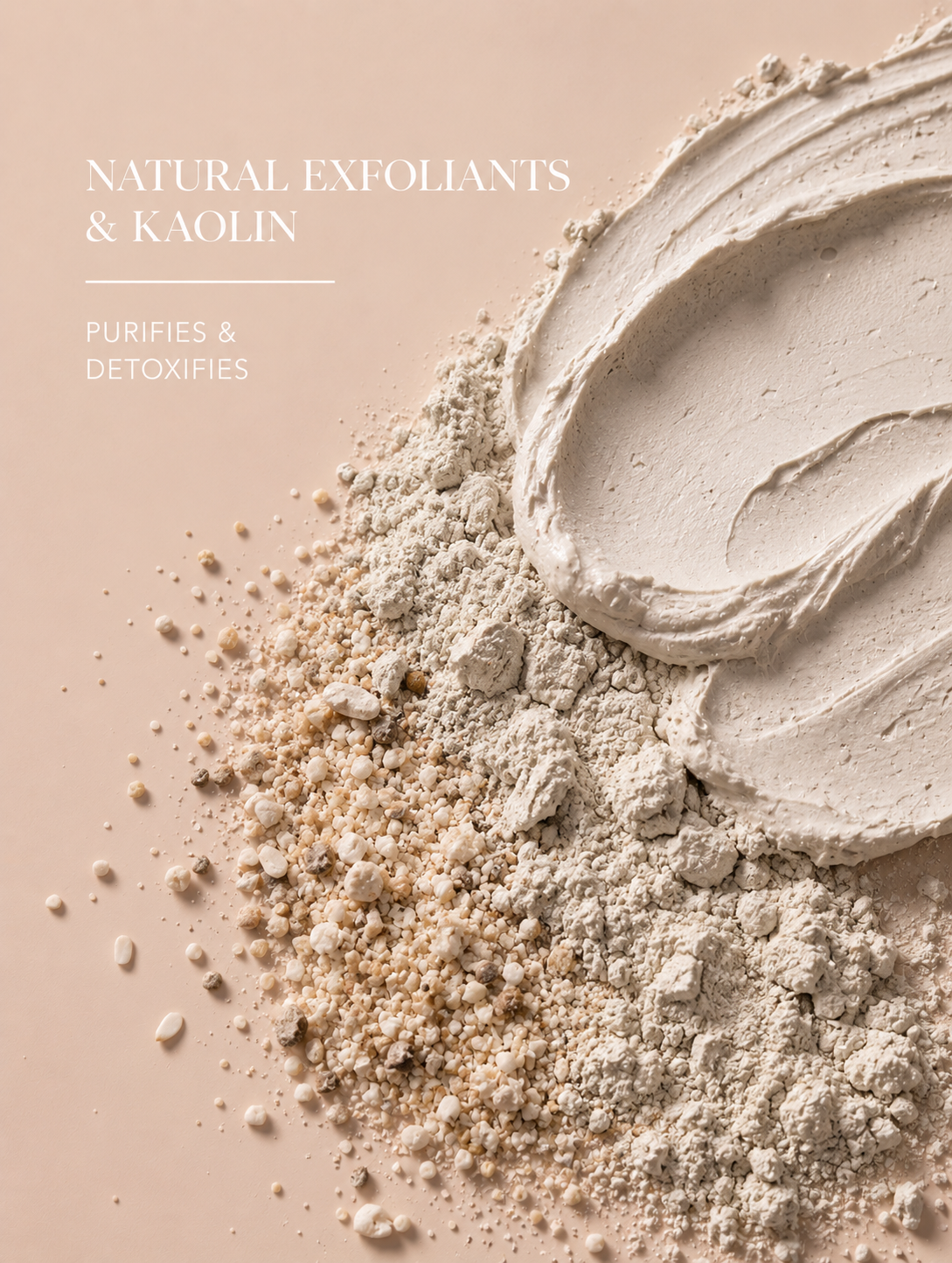 Cosmetic exfoliant powder with a jar on a beige background, labeled 'Natural Exfoliants & Kaolin'.